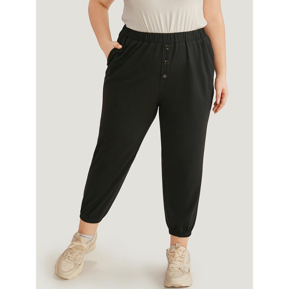 High Rise Button Detail Elastic Waist Sweatpant Black Plus Size Women Casual Dailywear Plain 10/M Bloomchic Product Image