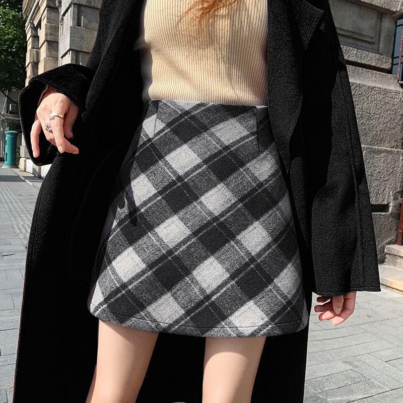High Rise Plaid Mini A-Line Skirt Product Image