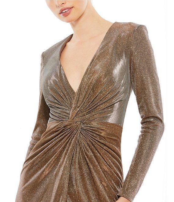 Mac Duggal Metallic Deep V-Neck Long Sleeve Twist Front Slit Gown Product Image