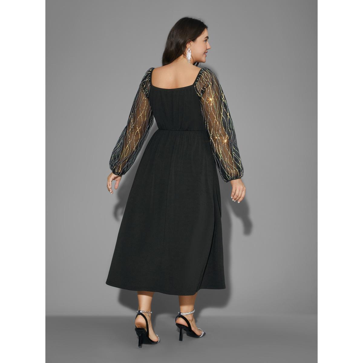 Plus Size Square Neck Patchwork Sequin Mesh Dress Black Women Cocktail Texture Party Curvy Bloomchic 22-24/3X Product Image