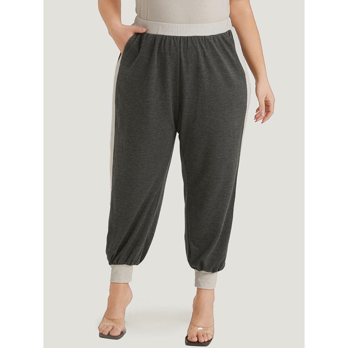 Two Tone Patchwork Pocket Elastic Waist Sweatpants Gray Plus Size Women Elegant Dailywear Contrast 14-16/1X Bloomchic Product Image