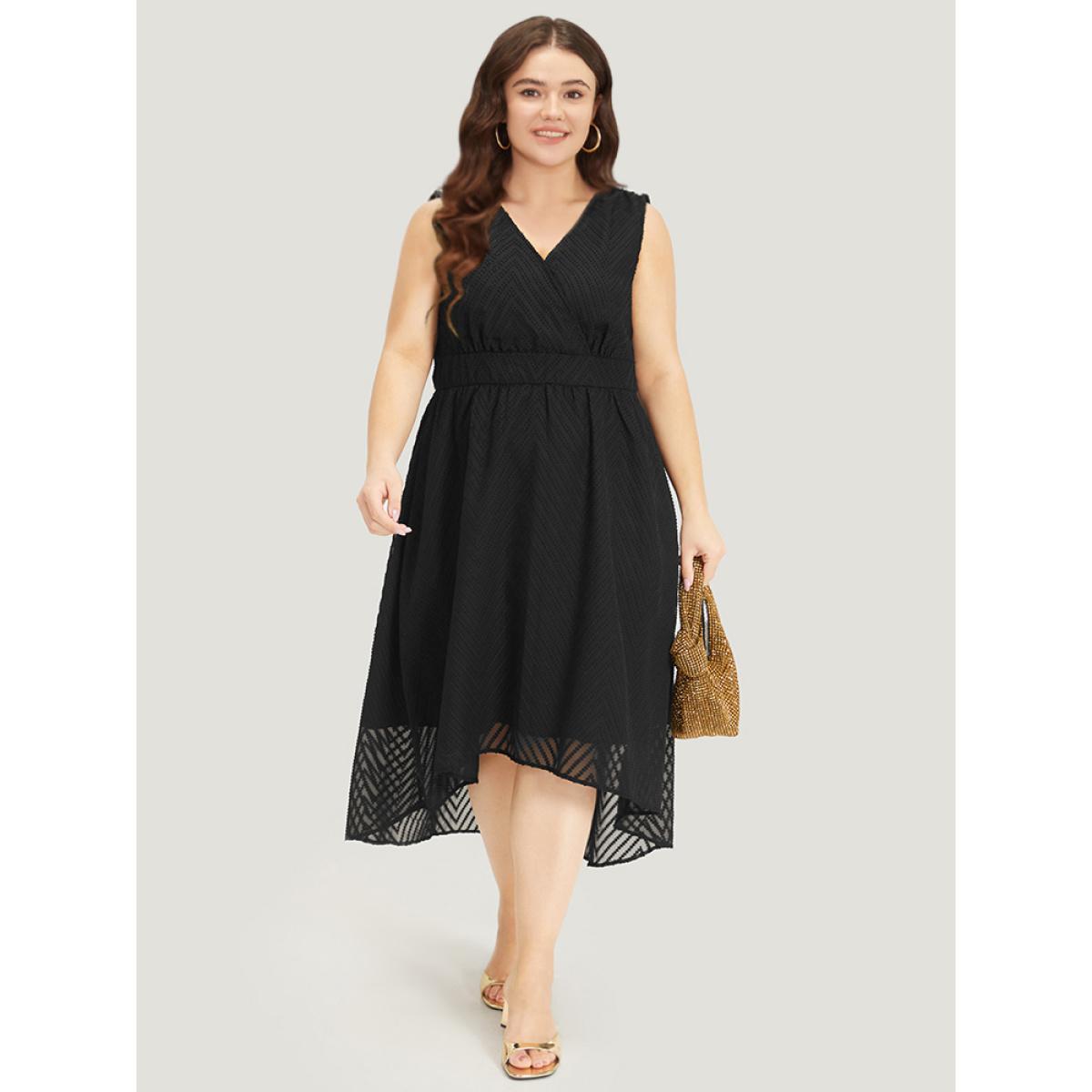 Plus Size Solid Pocket Wrap High Low Hem Tank Dress Black Women Glamour Plain V-neck Sleeveless Curvy Midi Dress BloomChic 28/5X Product Image