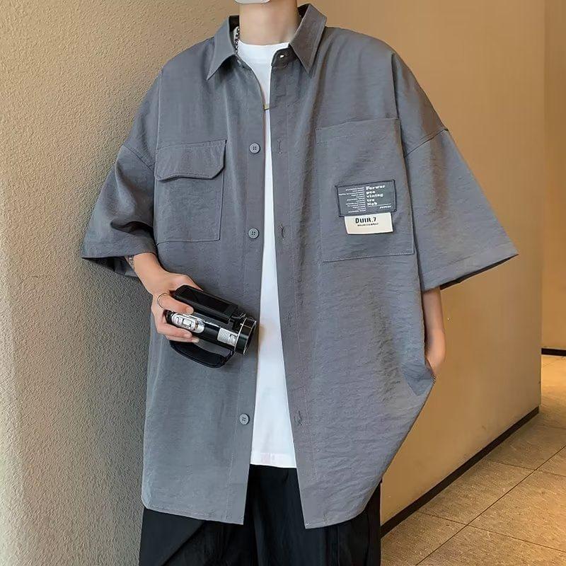 Short-Sleeve Collared Applique Oversized Button Up Shirt Product Image