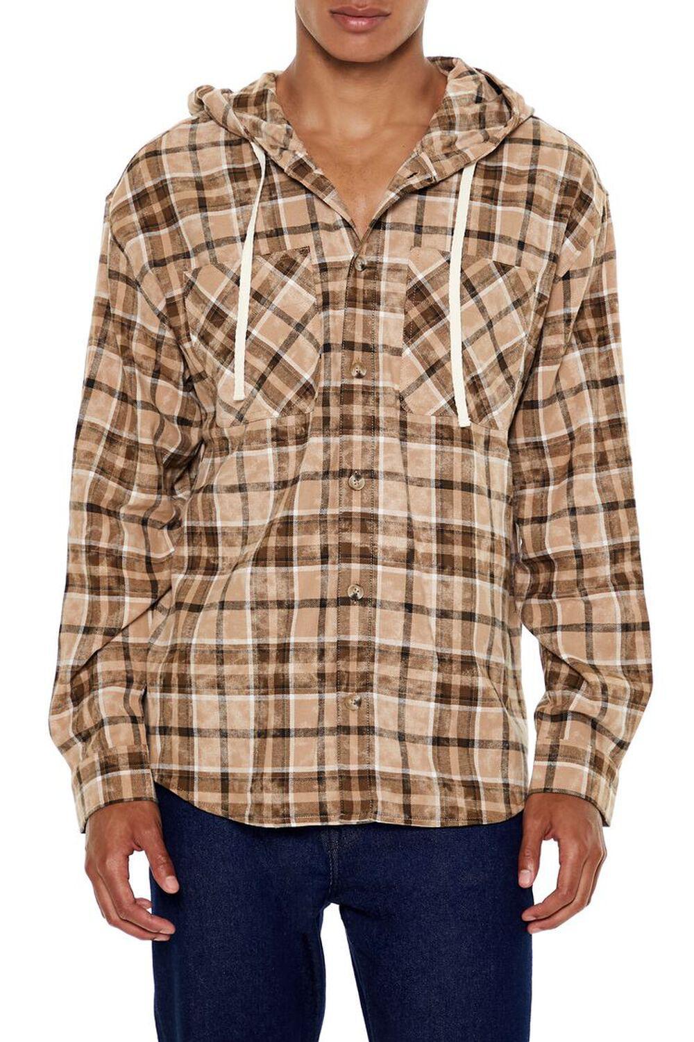 Hooded Plaid Curved-Hem Shacket | Forever 21 Product Image