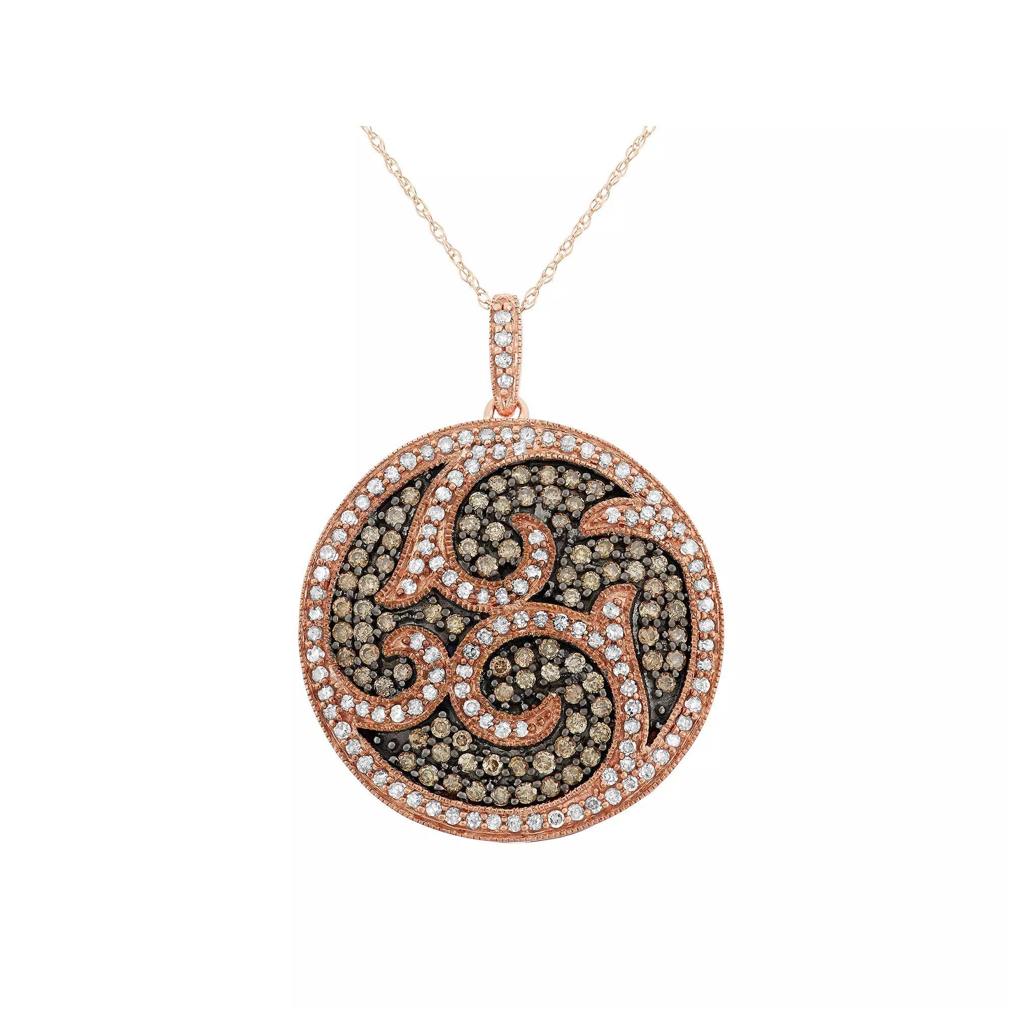 1 1/2 Carat T.W. Brown and White Diamond 10k Rose Gold Scrollwork Pendant Necklace, Women's, Size: 18" Product Image
