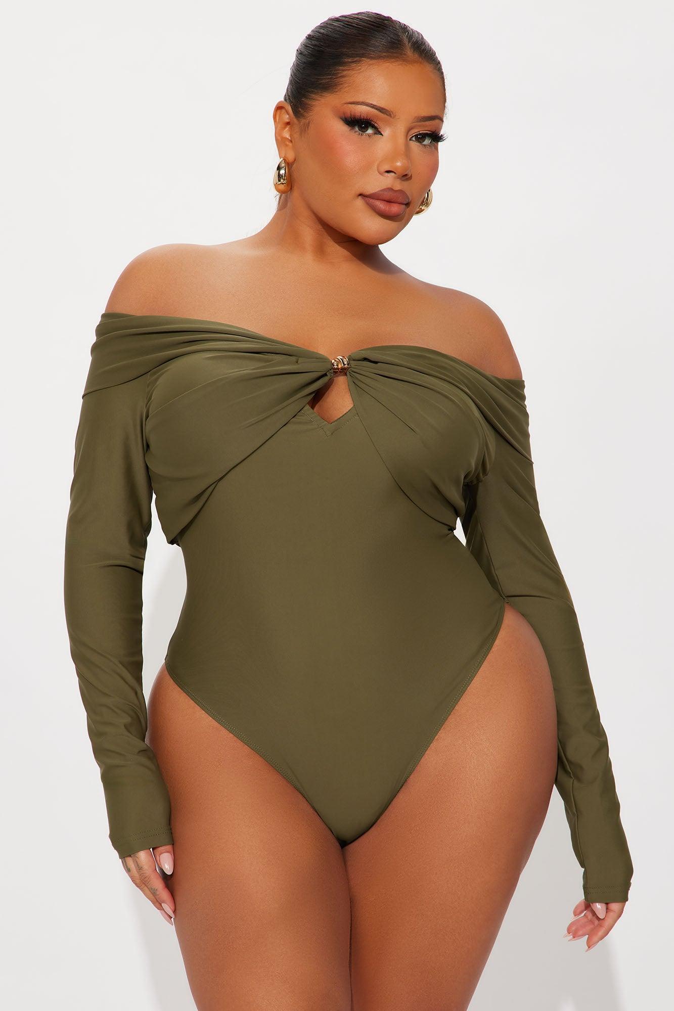 Sylvie Long Sleeve Off Shoulder Bodysuit - Olive Product Image