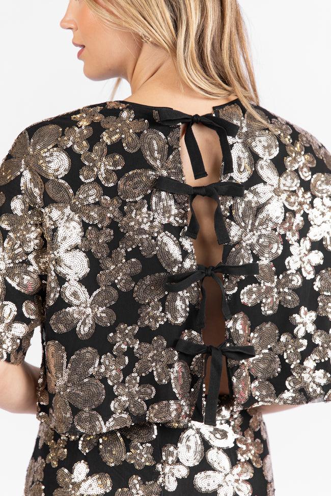 A Heart Of Gold Black Floral Print Short Sleeve Tie Back Sequin Top SALE Product Image