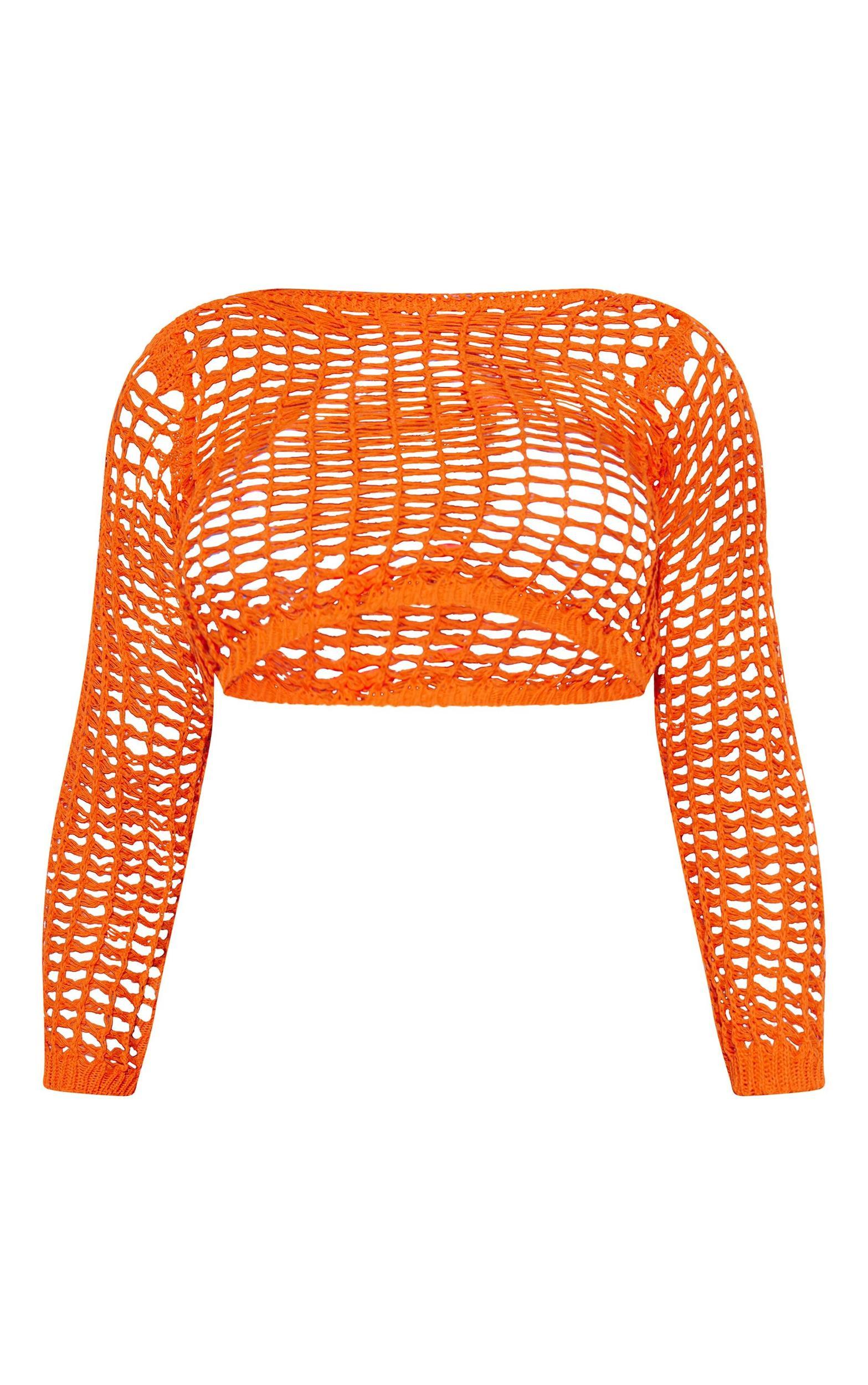 Orange Crochet Open Knit Long Sleeve Top Product Image