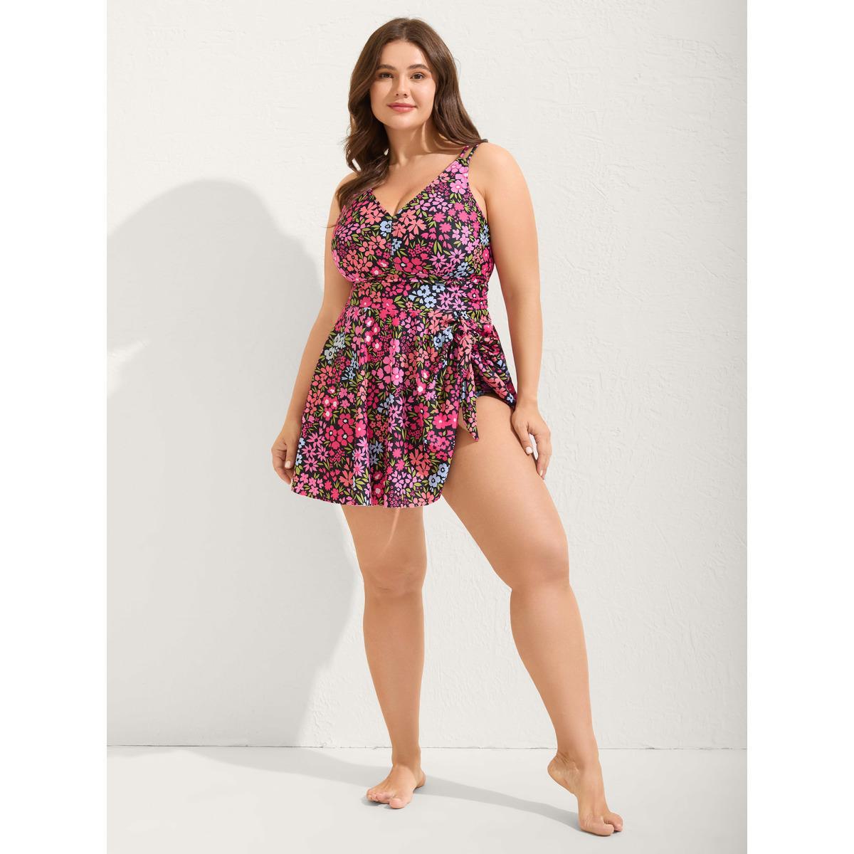 Plus Size Knotted Blooming Floral Print Swim Dress Women's Swimwear Black Beach Bodycon V-neck High stretch Curve Swim Dresses BloomChic 28/5X Product Image