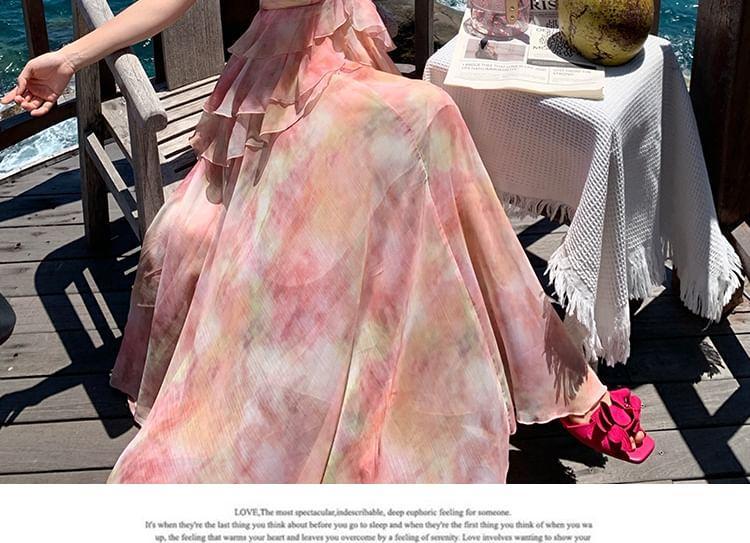 Halter-Neck Floral Print Asymmetrical Ruffled Maxi Sundress Product Image