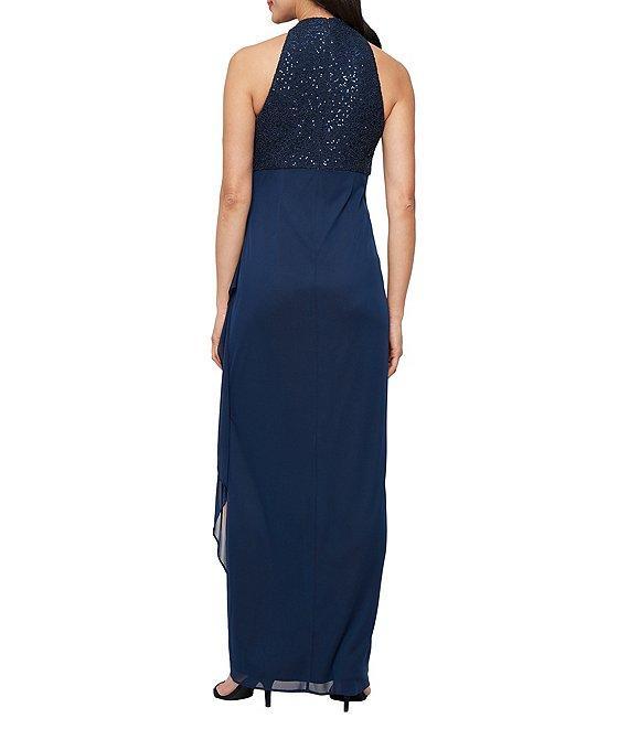 Alex Evenings Petite Size Sleeveless Halter Neck Faux Wrap Mesh Ruffle Lace Gown Product Image