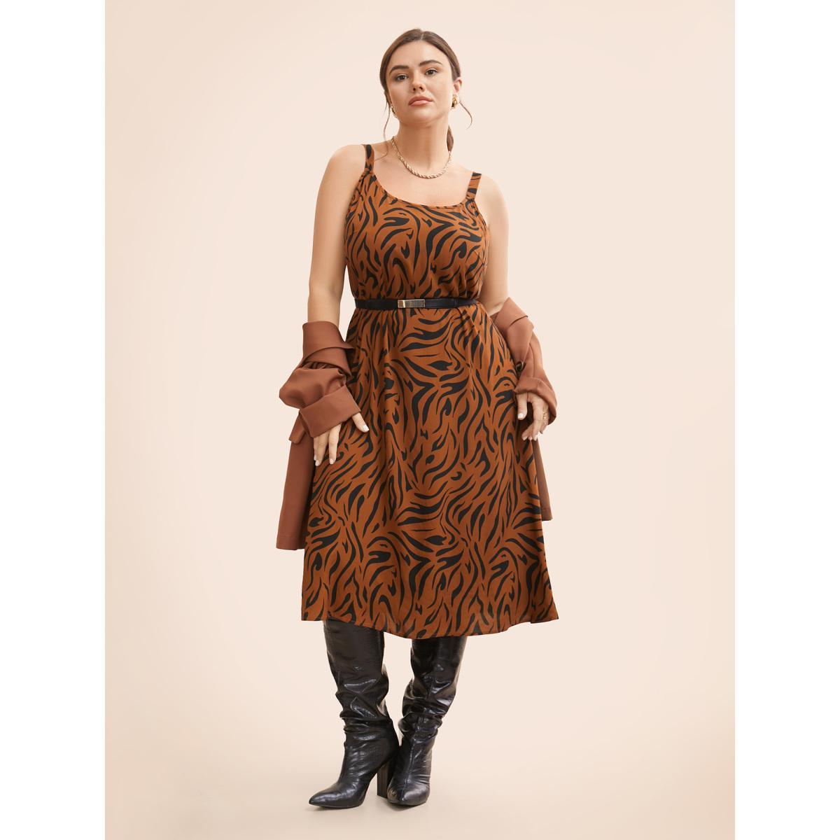 Plus Size Leopard Print Cami Midi Dress Browncoffeecolor Women Workwear Essentials Non U-neck Sleeveless Curvy BloomChic 26/4X Product Image