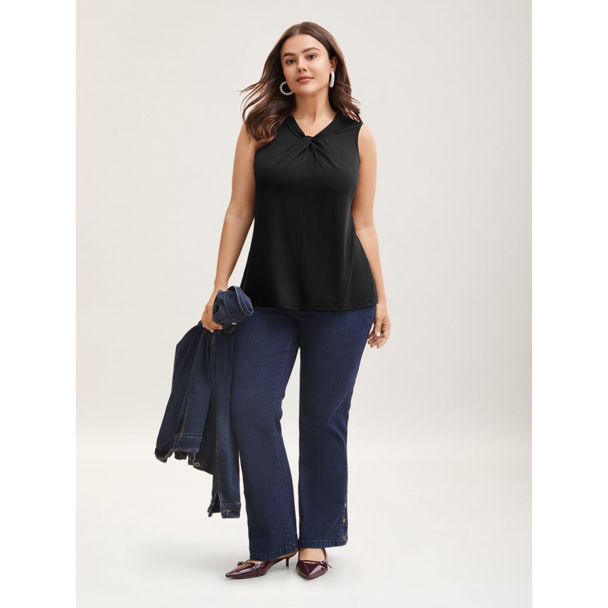 Plus Size Solid Asymmetrical Neck Twist Front Tank Top Women Black Elegant Twist Asymmetrical Neck Everyday Tank Tops Camis BloomChic 26/4X Product Image