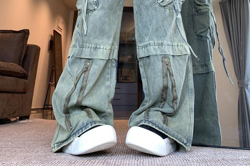 High Rise Washed Wide Leg Cargo Jeans Product Image