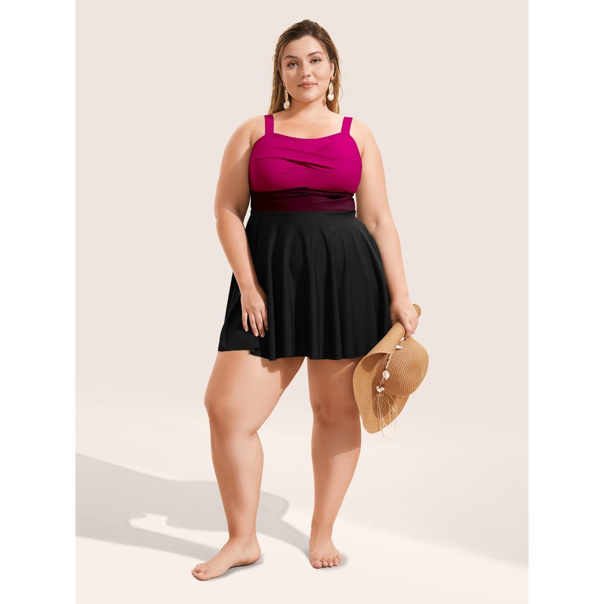 Plus Size Twist Front Patchwork Adjustable Straps Swim Dress Women's Swimwear RedViolet Beach Bodycon Heart neckline High stretch Curve Swim Dresses BloomChic 18-20/2X Product Image