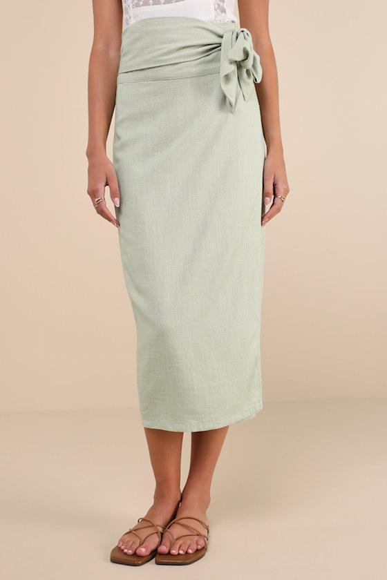 Breezy Personality Sage Green Linen Midi Wrap Skirt Product Image