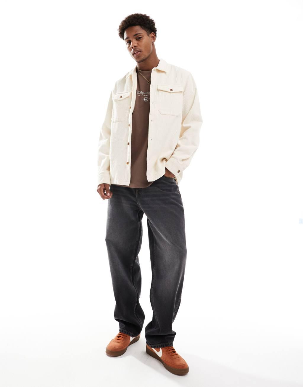 Jack & Jones oversized cord overshirt in ecru Product Image
