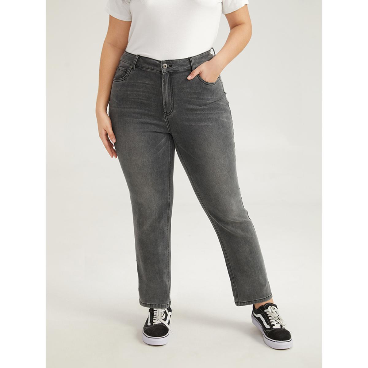 Plus Size Solid Roll Hem Black Wash Jeans Women LightGray Casual Plain Roll Hem High stretch Pocket Jeans BloomChic 22/3X Product Image