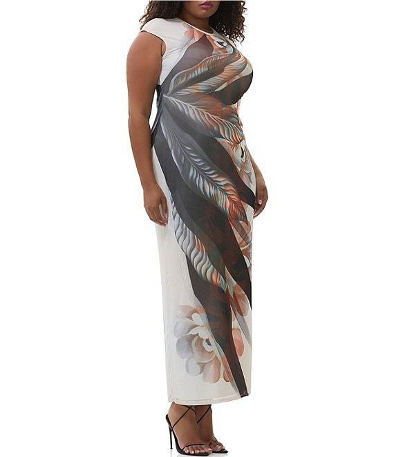 AFRM Plus Cody Leaf Print Mesh Crew Neck Cap Sleeve Maxi Dress Product Image