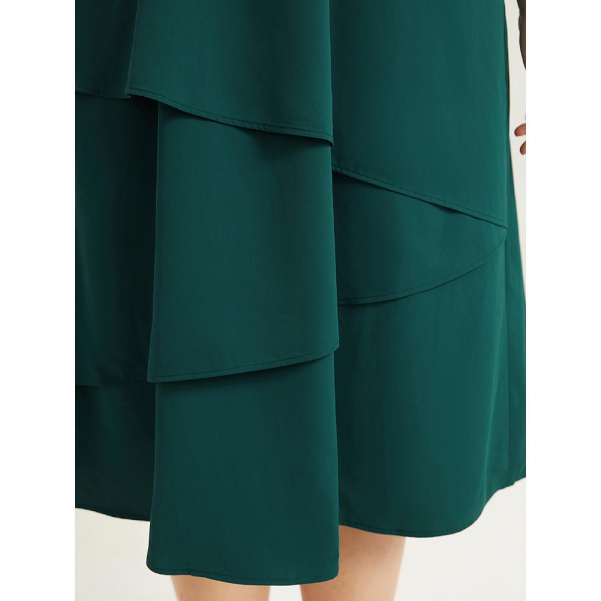 Plus Size Twill Flutter Shirred Asymmetrical Layered Hem Dress Teal Women At the Office Elastic cuffs Round Neck Elbow-length sleeve Curvy Midi Dress BloomChic 14-16/1X Product Image