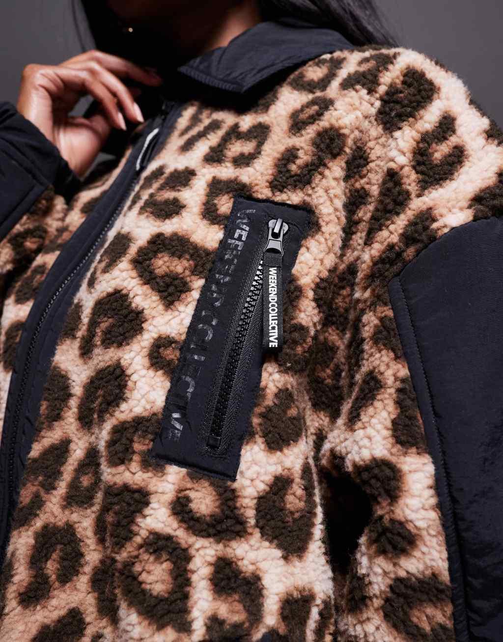 Weekend Collective borg nylon zip up in black leopard mix Product Image