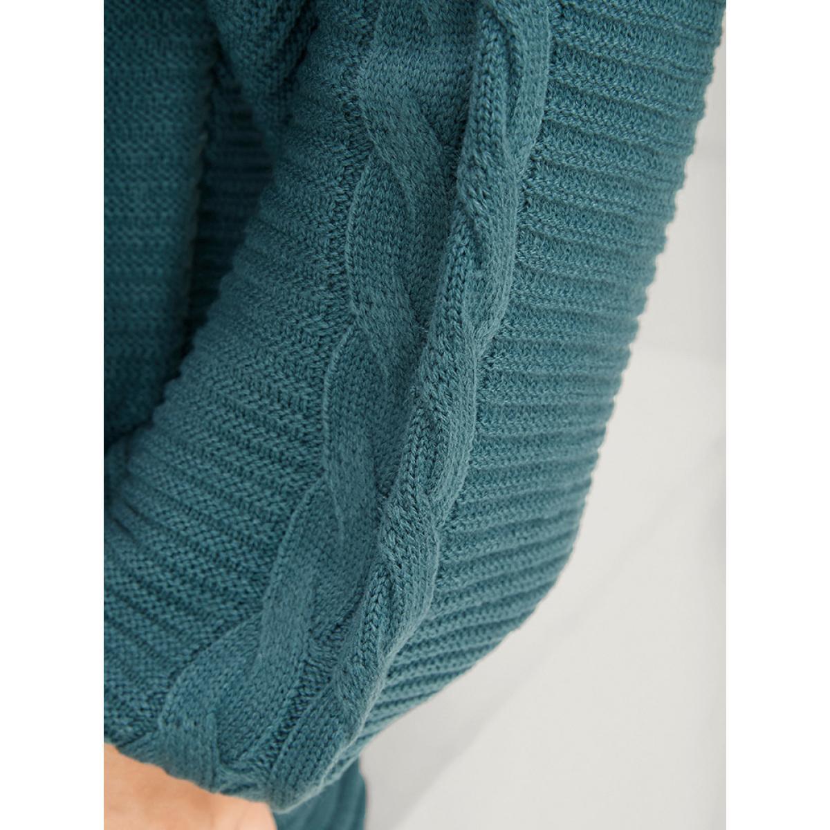 Plus Size Solid Pointelle Knit V Neck Lantern Sleeve Cable Knit Top Emerald Women Casual Loose Long Sleeve V-neck Dailywear Pullovers BloomChic 10/M Product Image