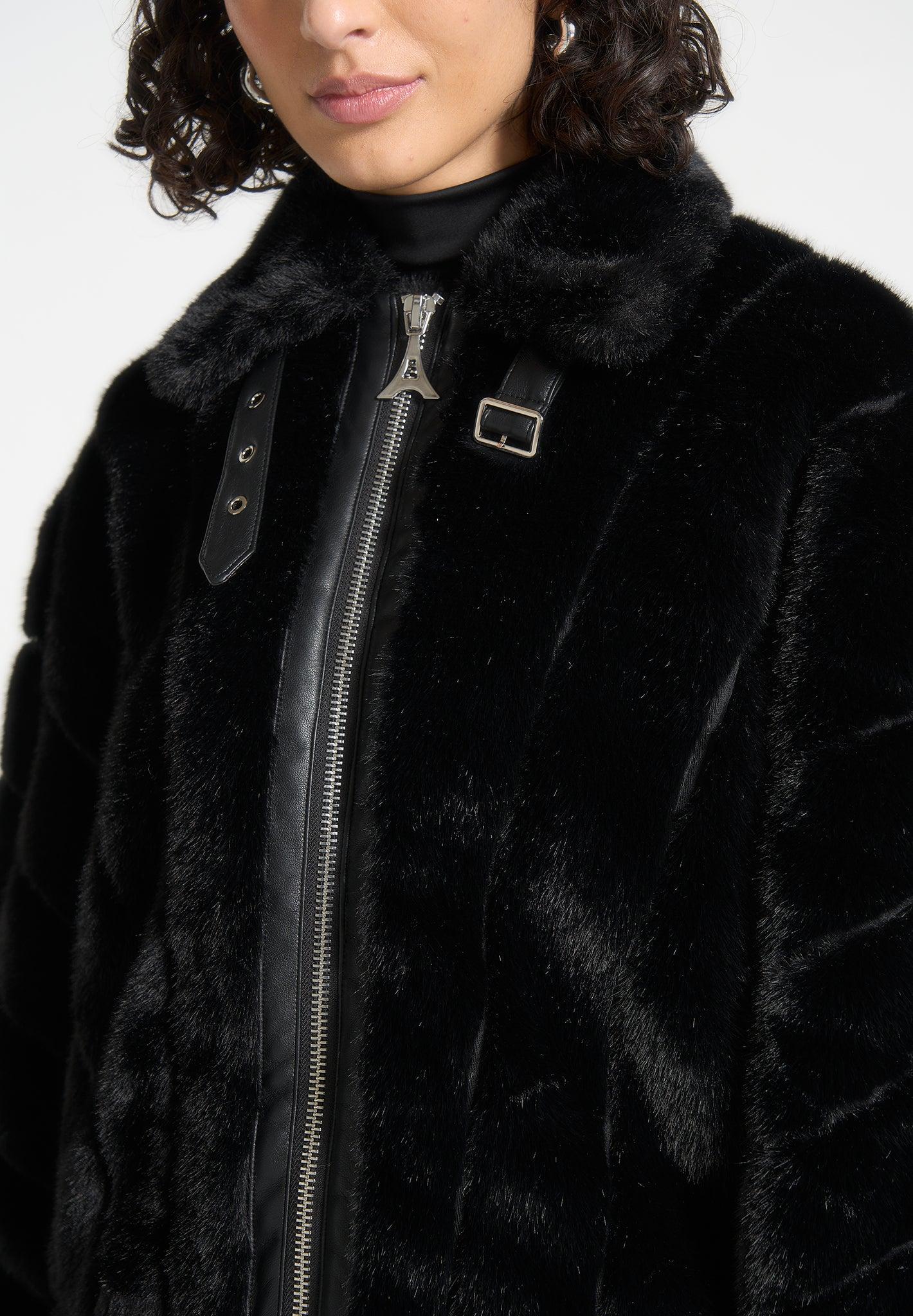 Oversized Ribbed Plush Jacket With Lapel - Black Female Product Image