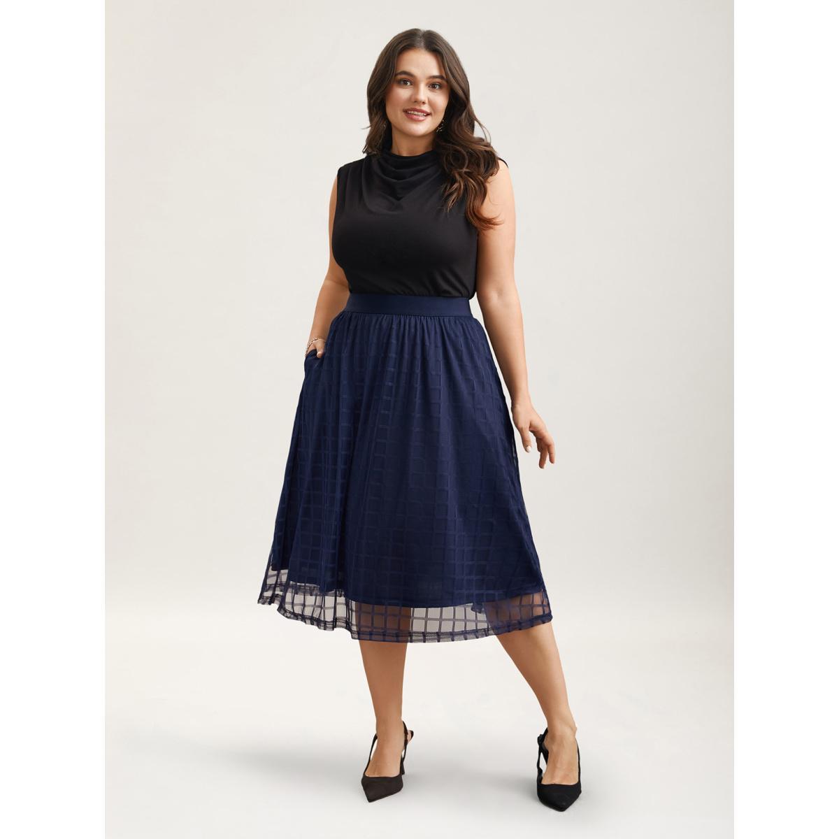 Plus Size Plaid Pattern Pleated Line Midi Skirt Women Indigo Elegant Tiered No stretch Everyday Skirts BloomChic 12/L Product Image