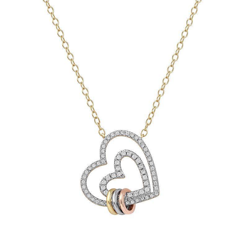 DeCouer Tri-Tone 1/4 Carat T.W. Diamond Double Heart Necklace, Women's, Size: 18", Silver Tone Product Image