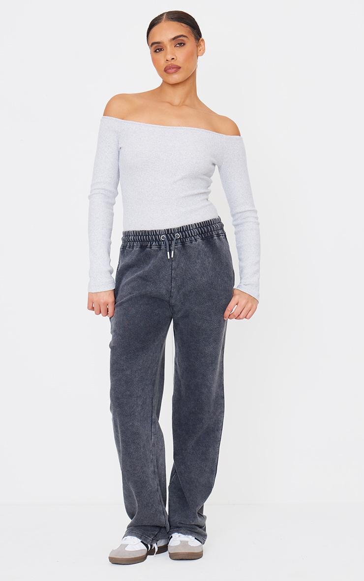 Grey Marl Brushed Rib Bardot Long Sleeve Bodysuit Product Image