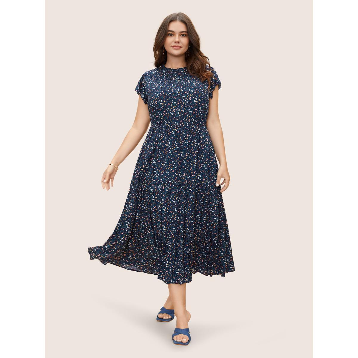 Plus Size Ditsy Floral Ruffle Cap Sleeve Dress Navy Women Elegant Frill Trim Mock Neck Cap Sleeve Curvy BloomChic 30/6X Product Image
