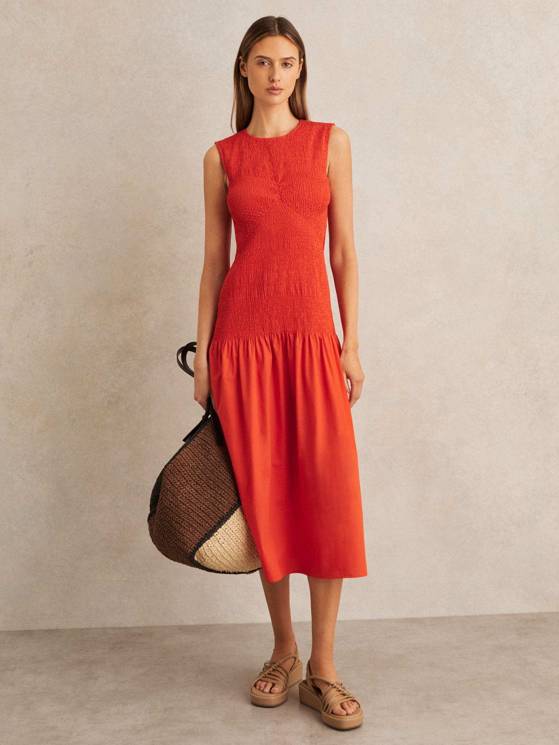 Cotton Shirred Midi Dress in Red Product Image