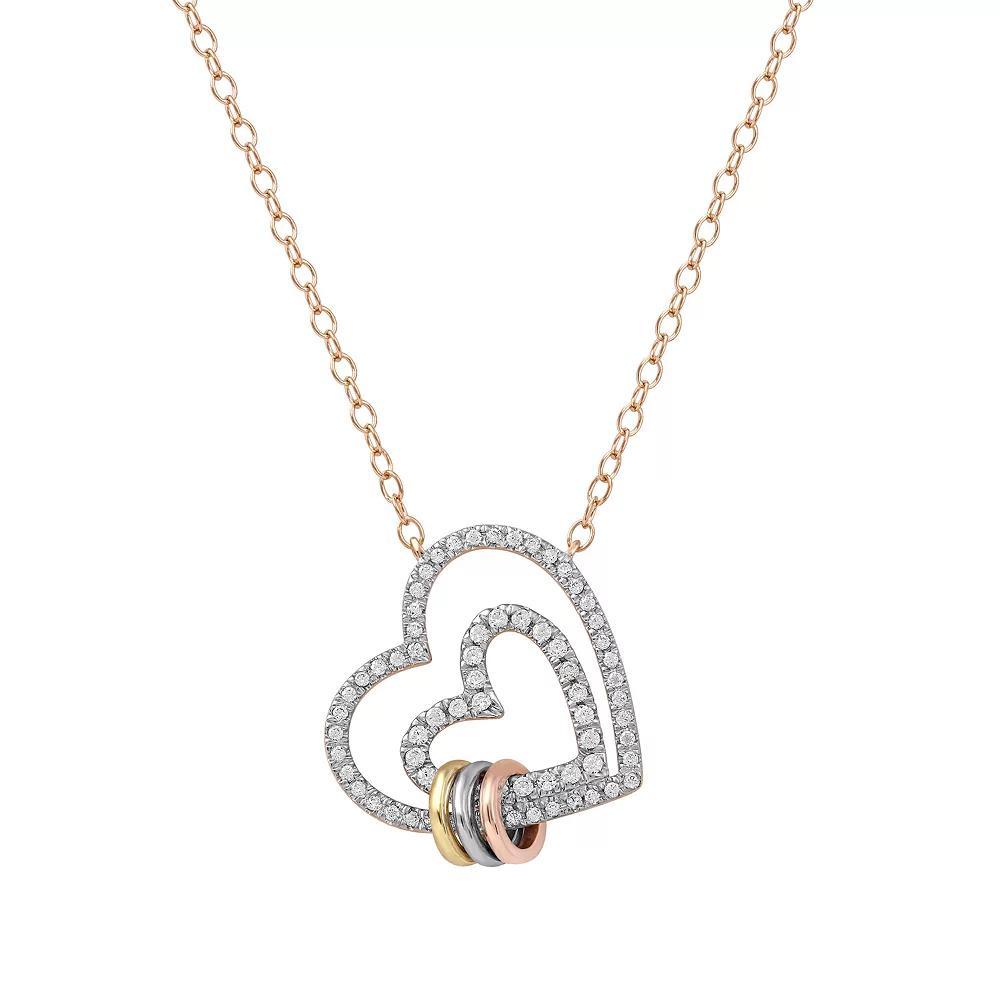 DeCouer Tri-Tone 1/4 Carat T.W. Diamond Double Heart Necklace, Women's, Size: 18", Silver Tone Product Image
