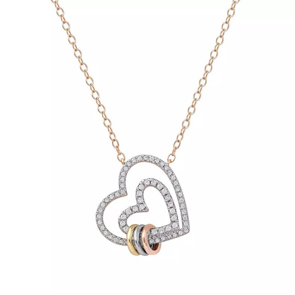 DeCouer Tri-Tone 1/4 Carat T.W. Diamond Double Heart Necklace, Women's, Size: 18", Silver Tone Product Image