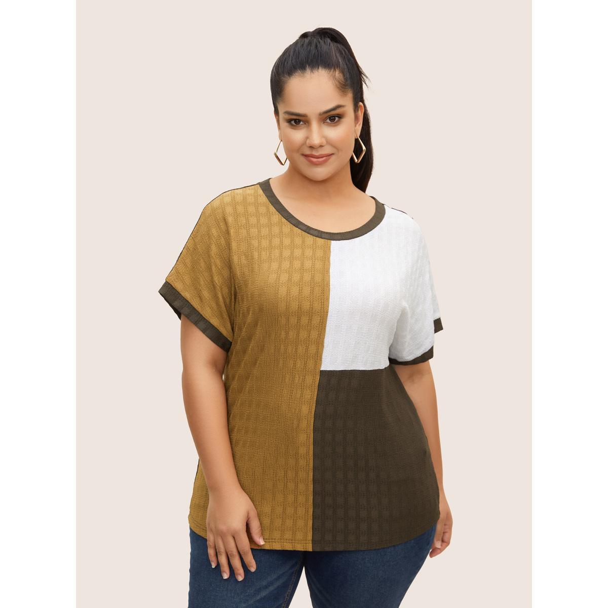 Plus Size Textured Colorblock Contrast Batwing Sleeve T-shirt Multicolor Women Casual Texture Round Neck Everyday T-shirts BloomChic 12/L Product Image