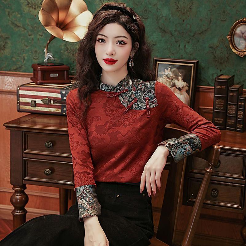 Long-Sleeve Mandarin Collar Patterned Panel Jacquard Blouse Product Image