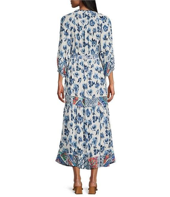 John Mark Mixed Print Y-Neck 3/4 Sleeve Tiered Midi Dress Product Image