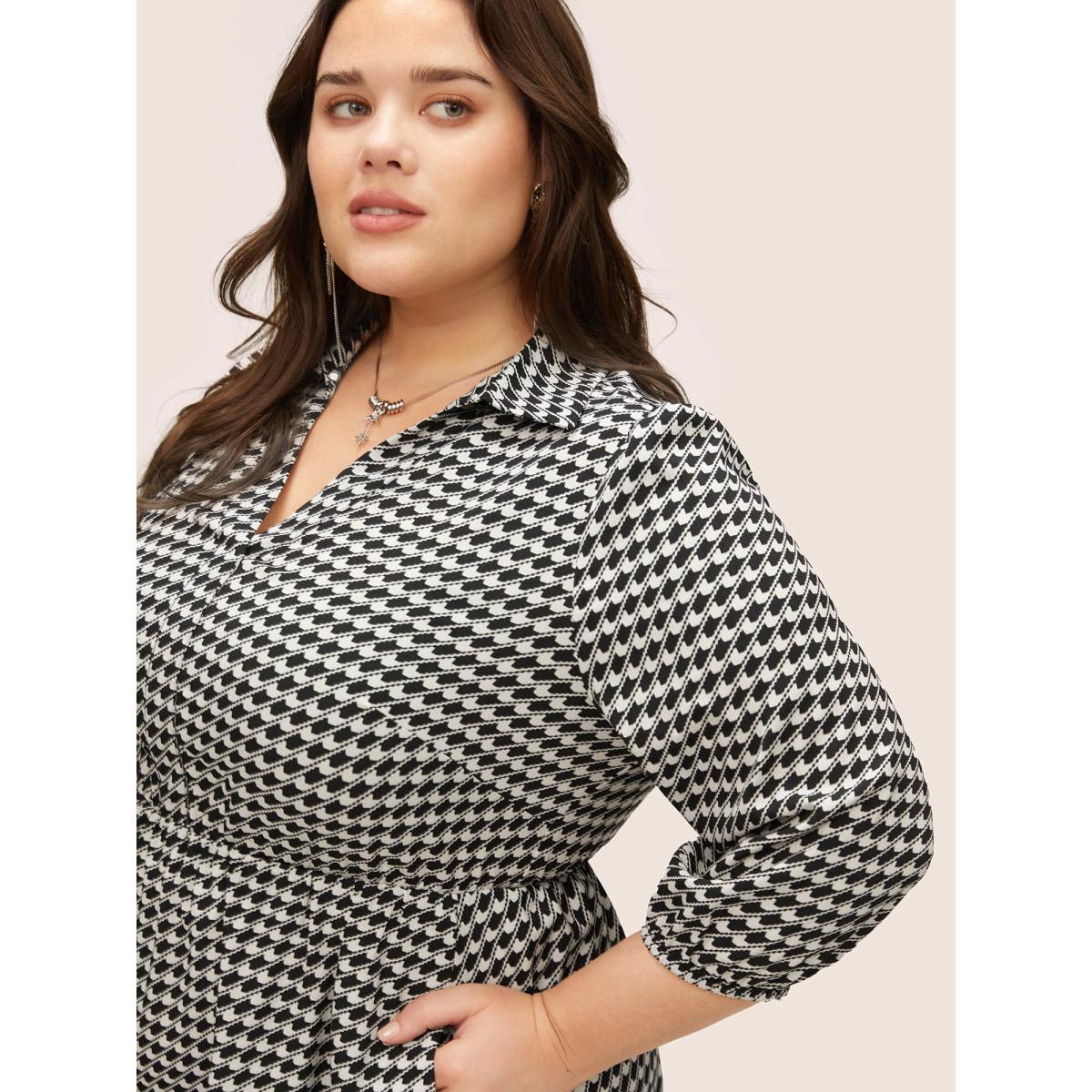 Plus Size Geometric Colorblock Lapel Collar Elastic Waist Dress Black Women At the Office Non Lapel Collar Elbow-length sleeve Curvy Midi Dress BloomChic 18-20/2X Product Image