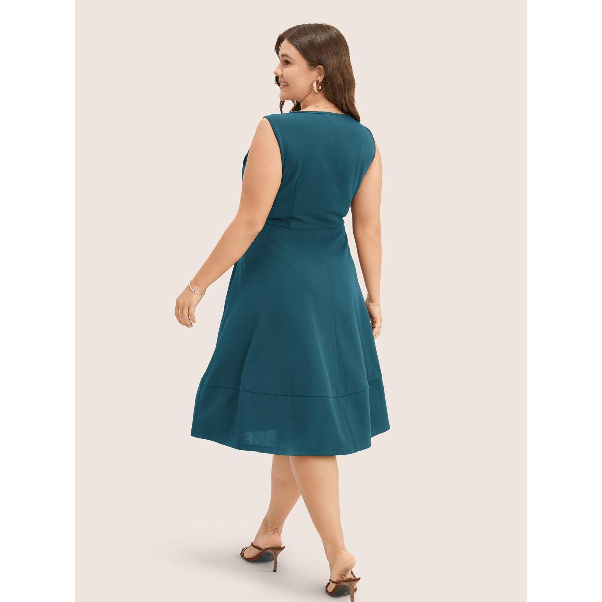 Plus Size Solid Pocket Sleeveless Ruffle Hem Tank Dress Aegean Women Workwear Essentials Non Round Neck Sleeveless Curvy Midi Dress BloomChic 26/4X Product Image