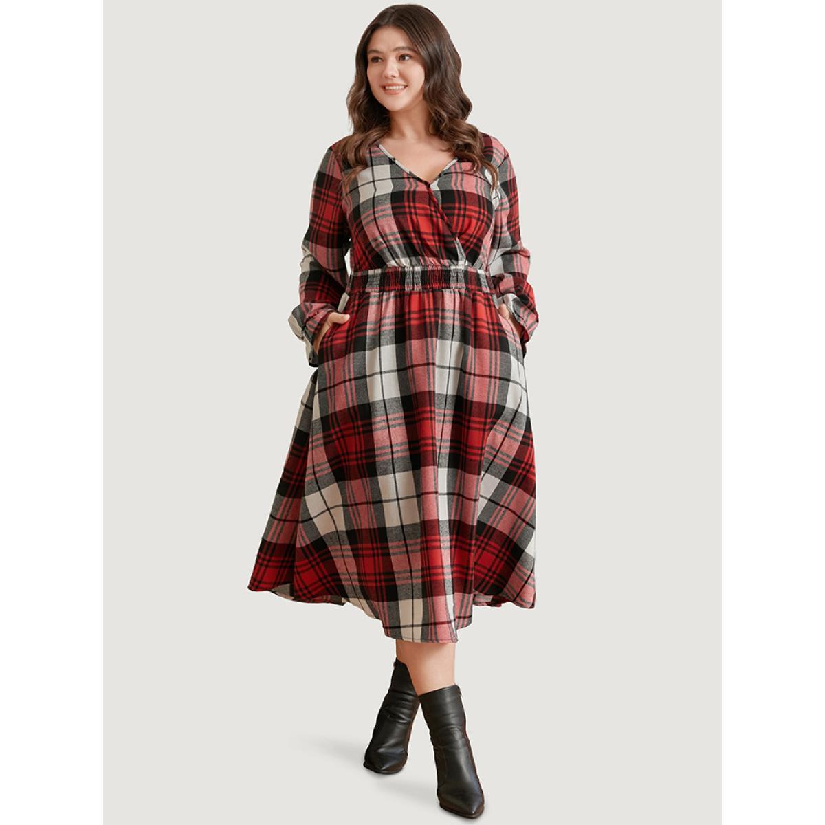Plus Size Plaid Shirred Pocket Lantern Sleeve Wrap Midi Dress Without Belt Scarlet Women Elegant Wrap Overlap Collar Long Sleeve Curvy Midi Dress BloomChic 10/M Product Image
