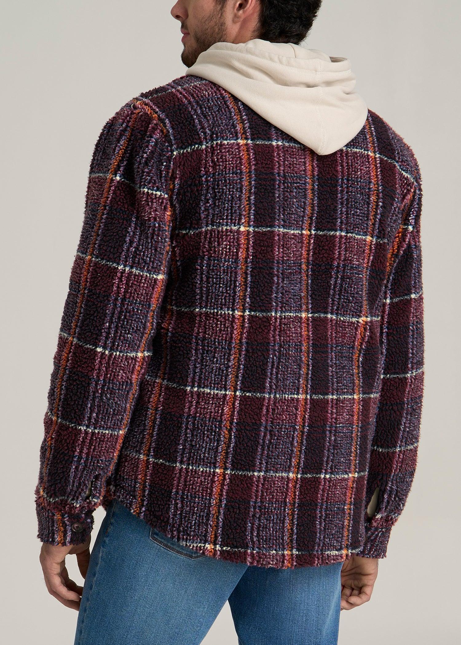Tall Men's Sherpa Shirt Jacket in Burgundy and Navy Plaid Male Product Image