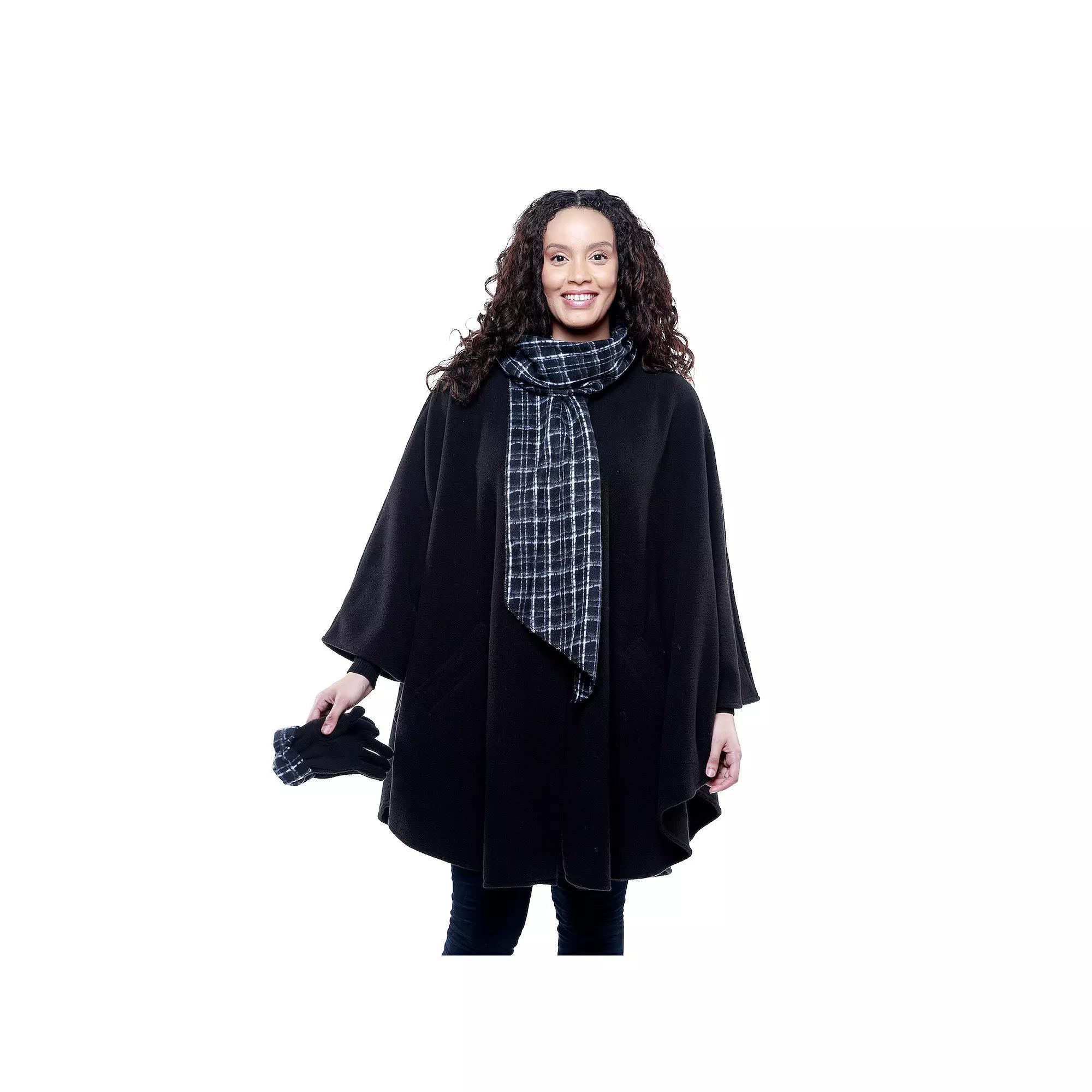 Women's Linda Anderson Le Moda Fleece Cape with Gloves & Attached Scarf, Black Print Product Image