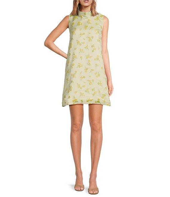 Buru Brocade Floral Mock Neck Sleeveless Shift Dress Product Image
