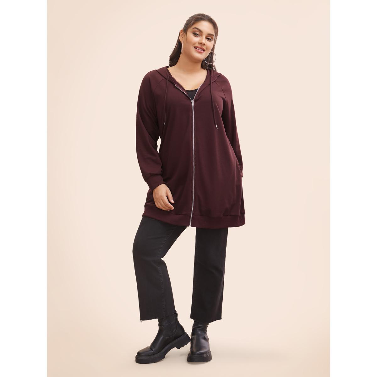 Plus Size Plain Zipper Hooded Drawstring Pocket Sweatshirt Women Burgundy Casual Plain Hooded Dailywear Sweatshirts BloomChic 28/5X Product Image