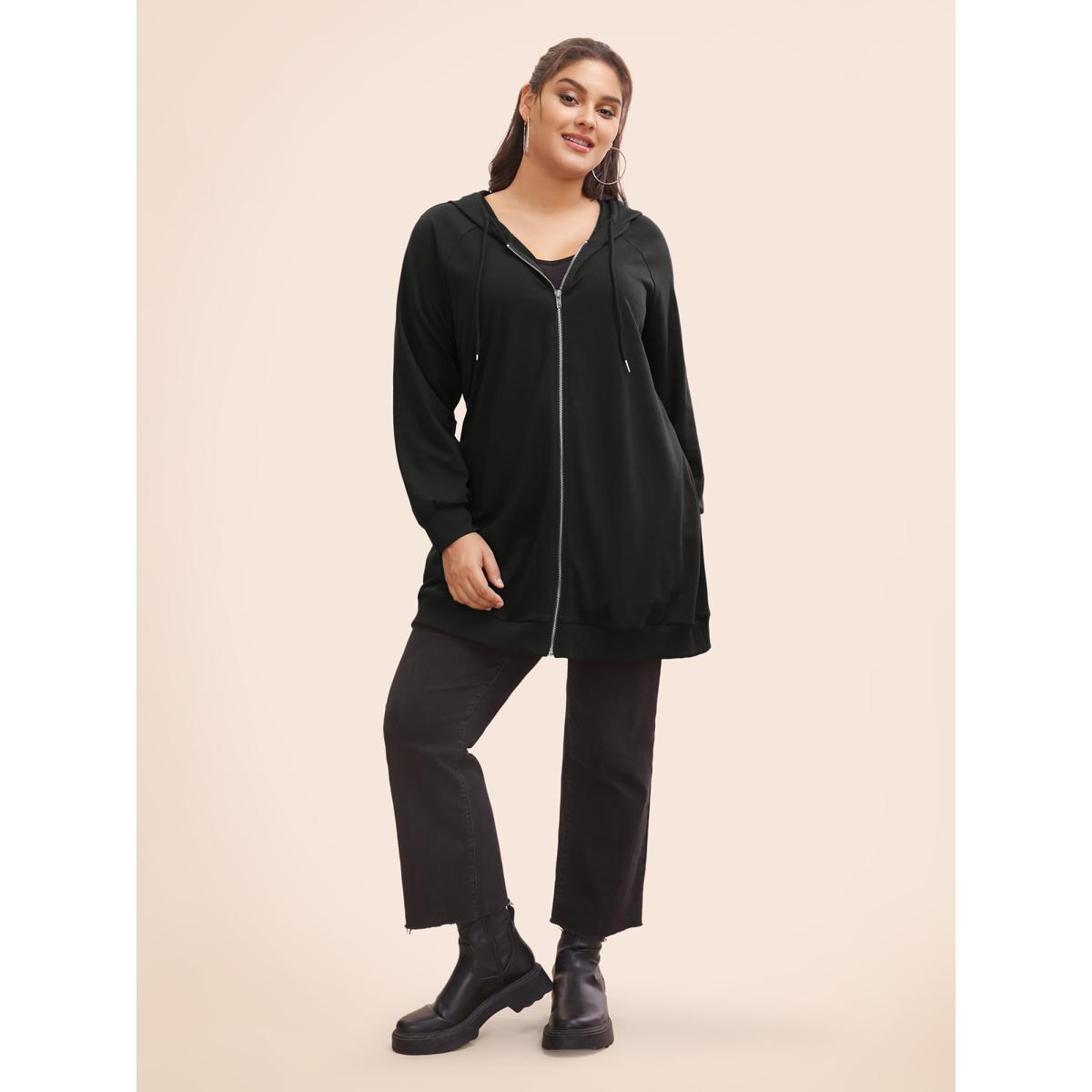 Plus Size Plain Zipper Hooded Drawstring Pocket Sweatshirt Women Black Casual Plain Hooded Dailywear Sweatshirts BloomChic 14-16/1X Product Image