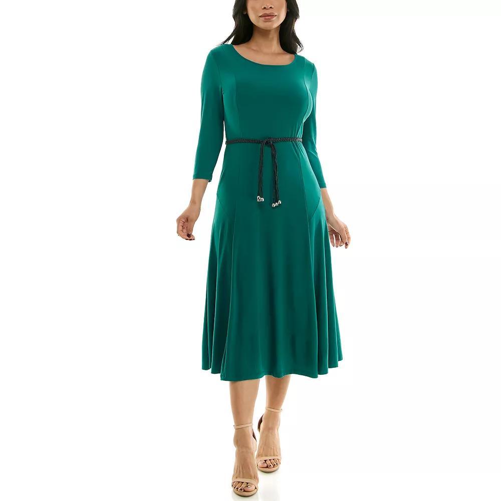 Women's Nina Leonard Sylvia Three-Quarter Sleeve Belted Midi Dress, Size: Medium, Green Product Image