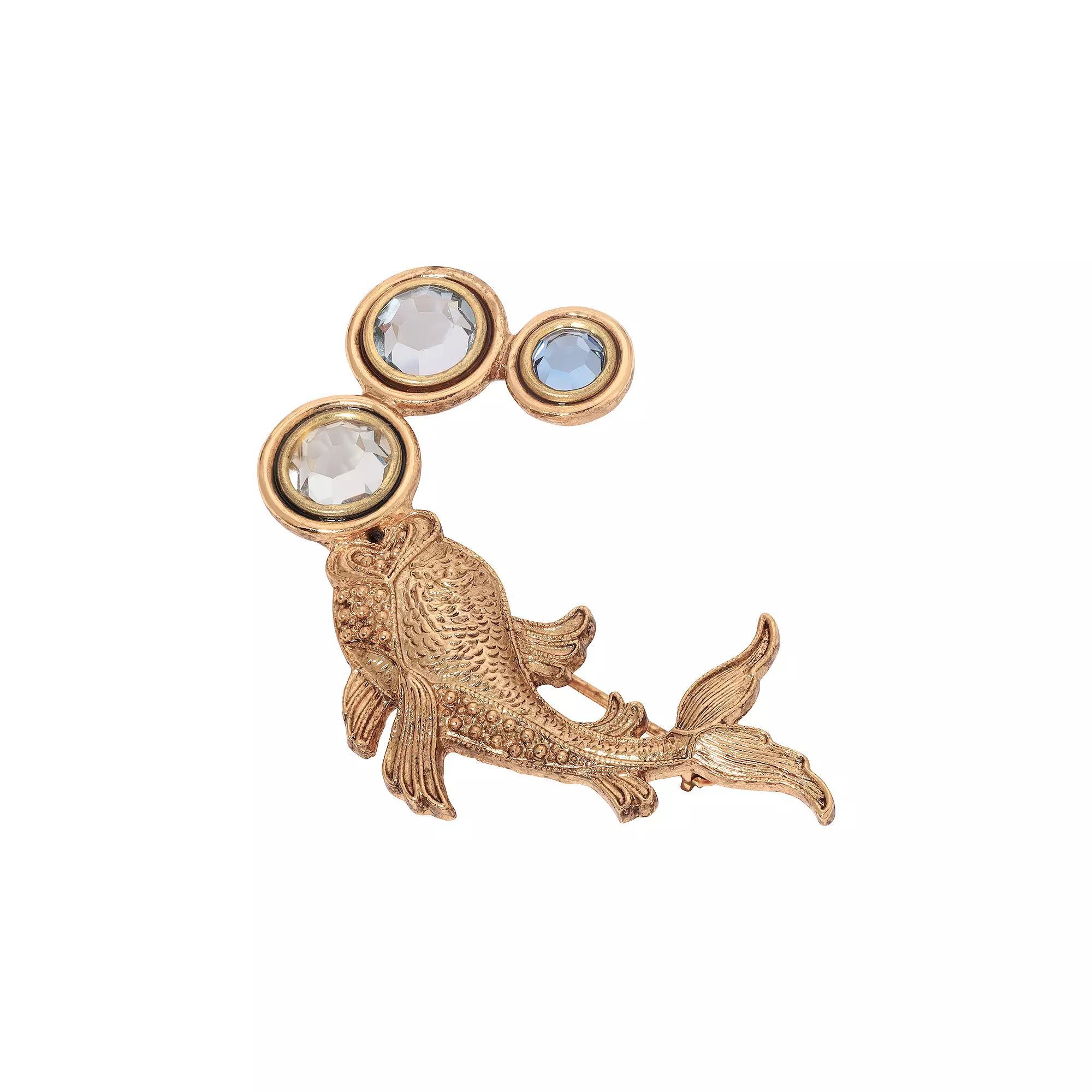 1928 Gold Tone Fish With Multi-Color Crystal Bubbles Brooch, Womens, White Product Image