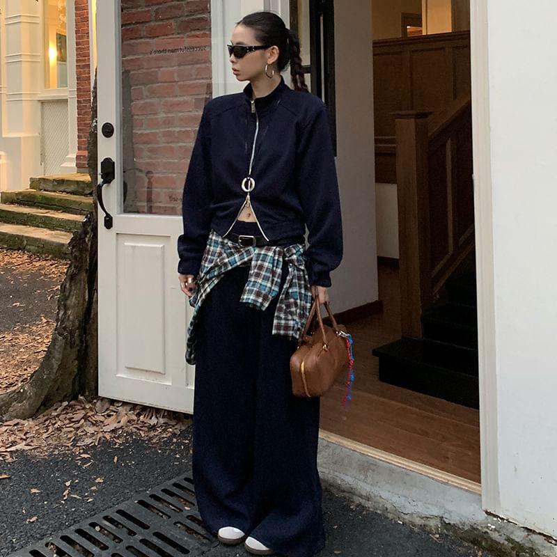 Set: Stand Collar Crop Zip Jacket + Elastic Waist Wide Leg Sweatpants + Belt Product Image