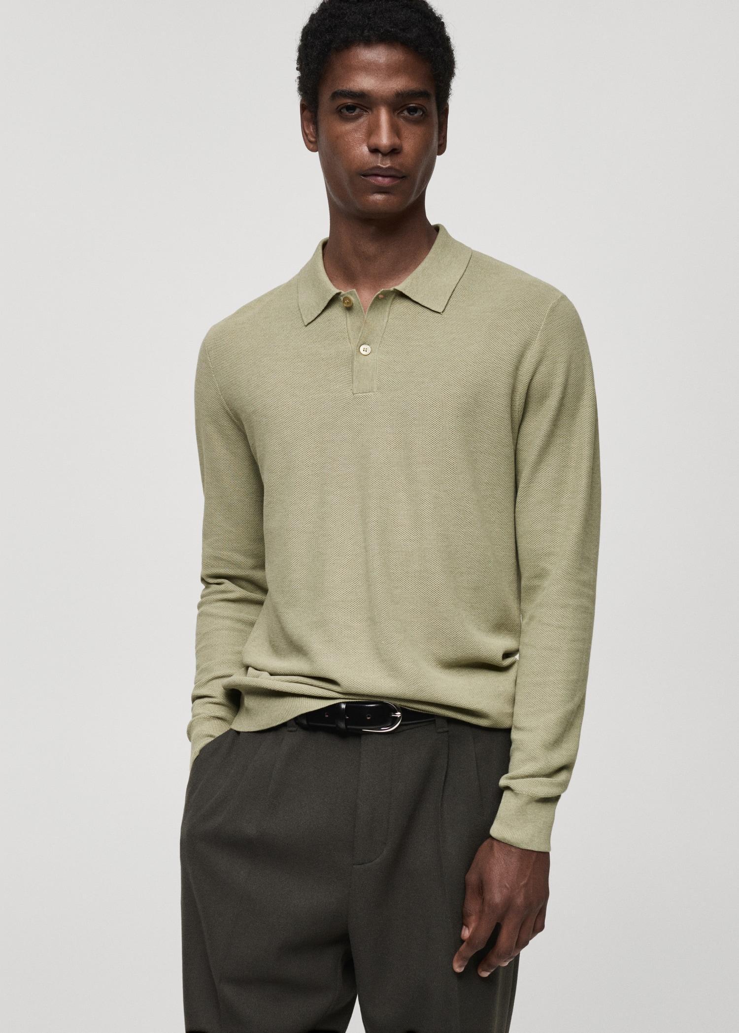 Micro-structured cotton knitted polo shirt - Men | MANGO USA Product Image