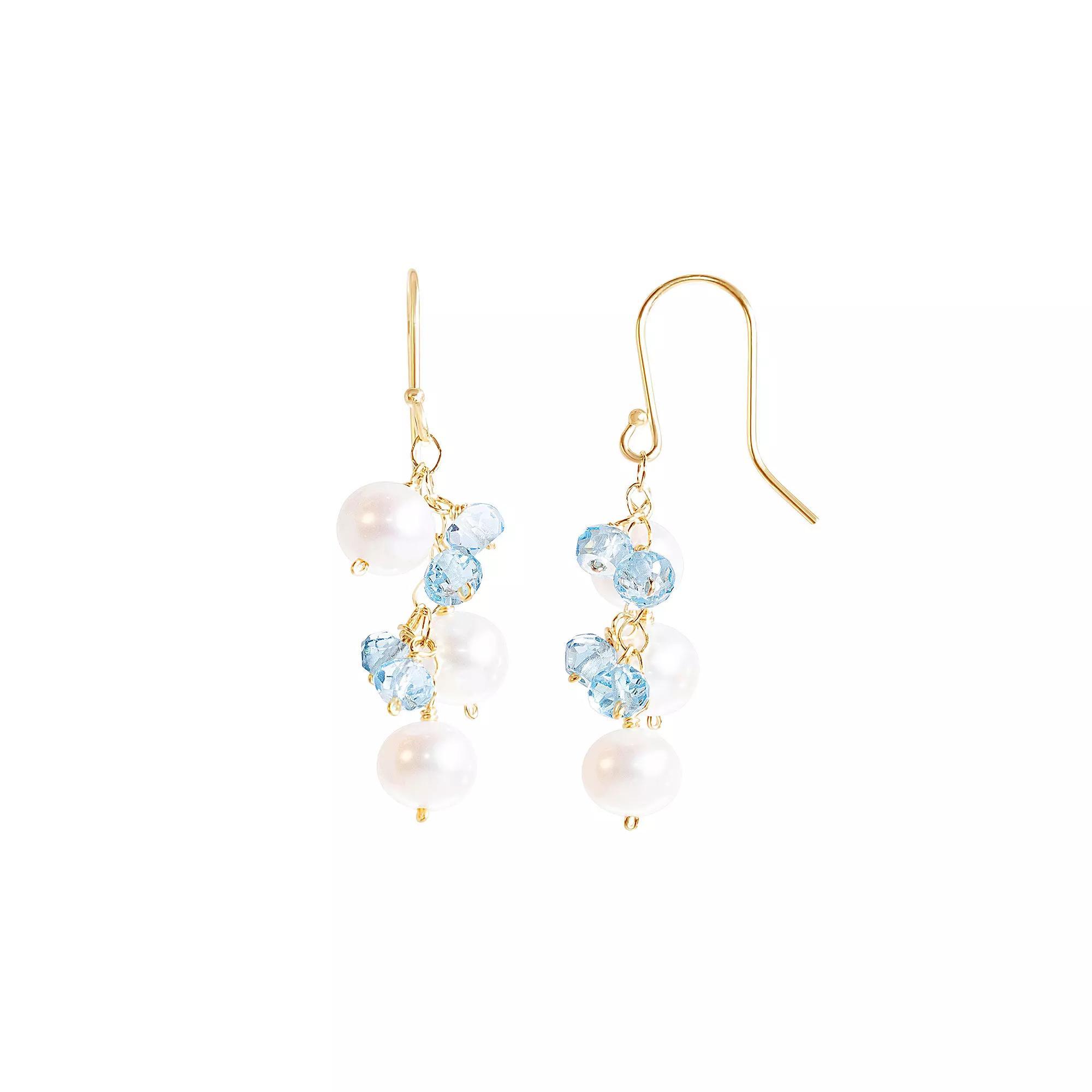 Jewelmak 14k Gold White Freshwater Cultured Pearl & Swiss Blue Topaz Dangle Earrings, Women's Product Image